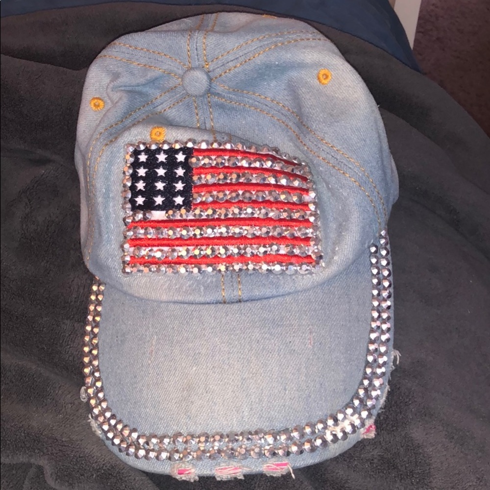 Never worn denim bedazzled hat with American flag